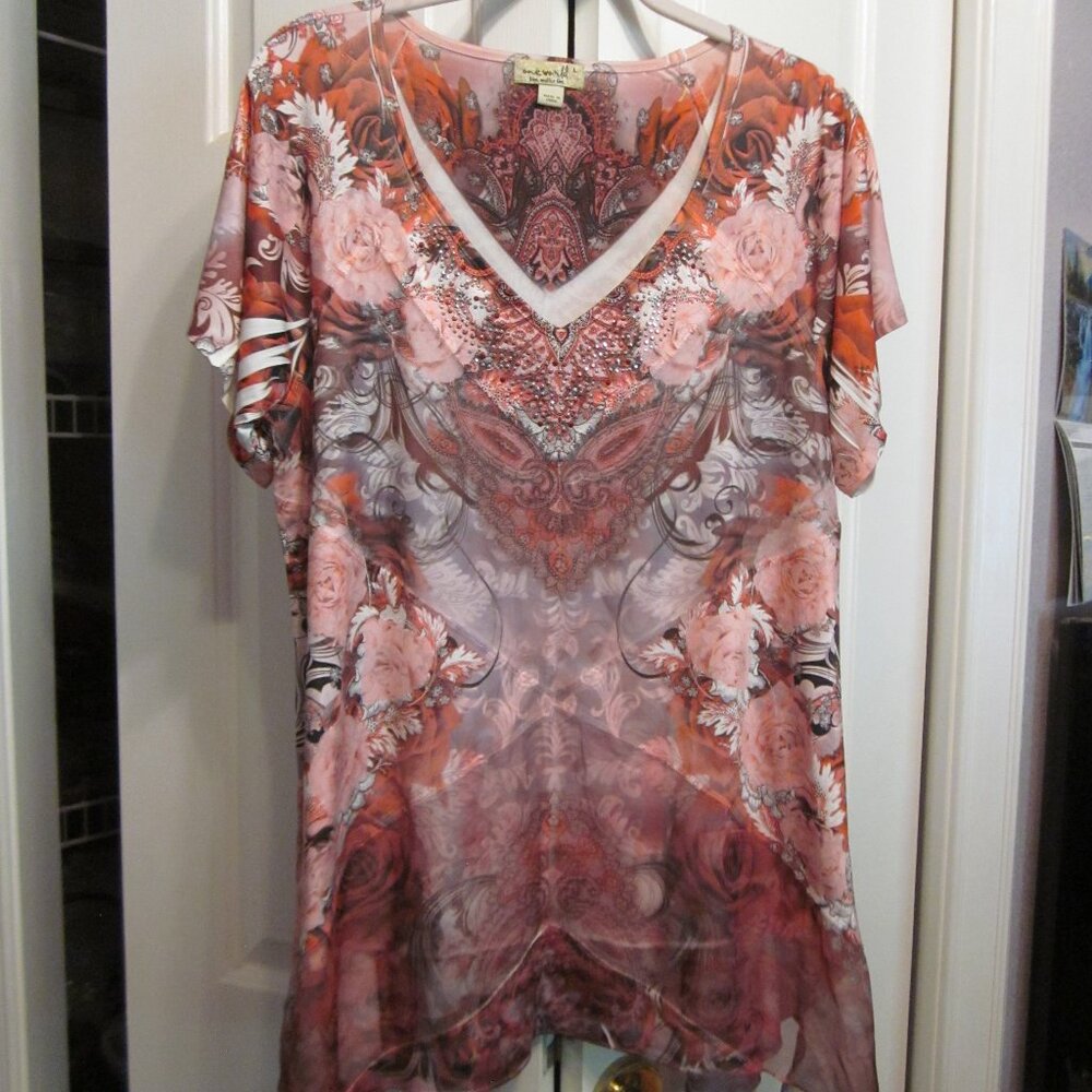 One World Pink Chiffon Overlay SS Blouse Sz L